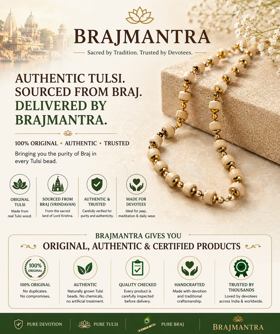 Buy Golden Cap Tulsi Mala Necklace Online | Original Vrindavan Tulsi Beads – Brajmantra