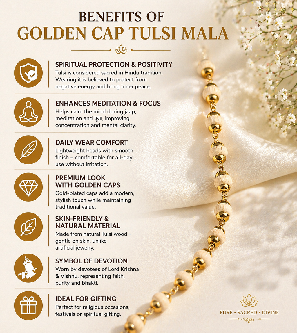 Buy Golden Cap Tulsi Mala Necklace Online | Original Vrindavan Tulsi Beads – Brajmantra