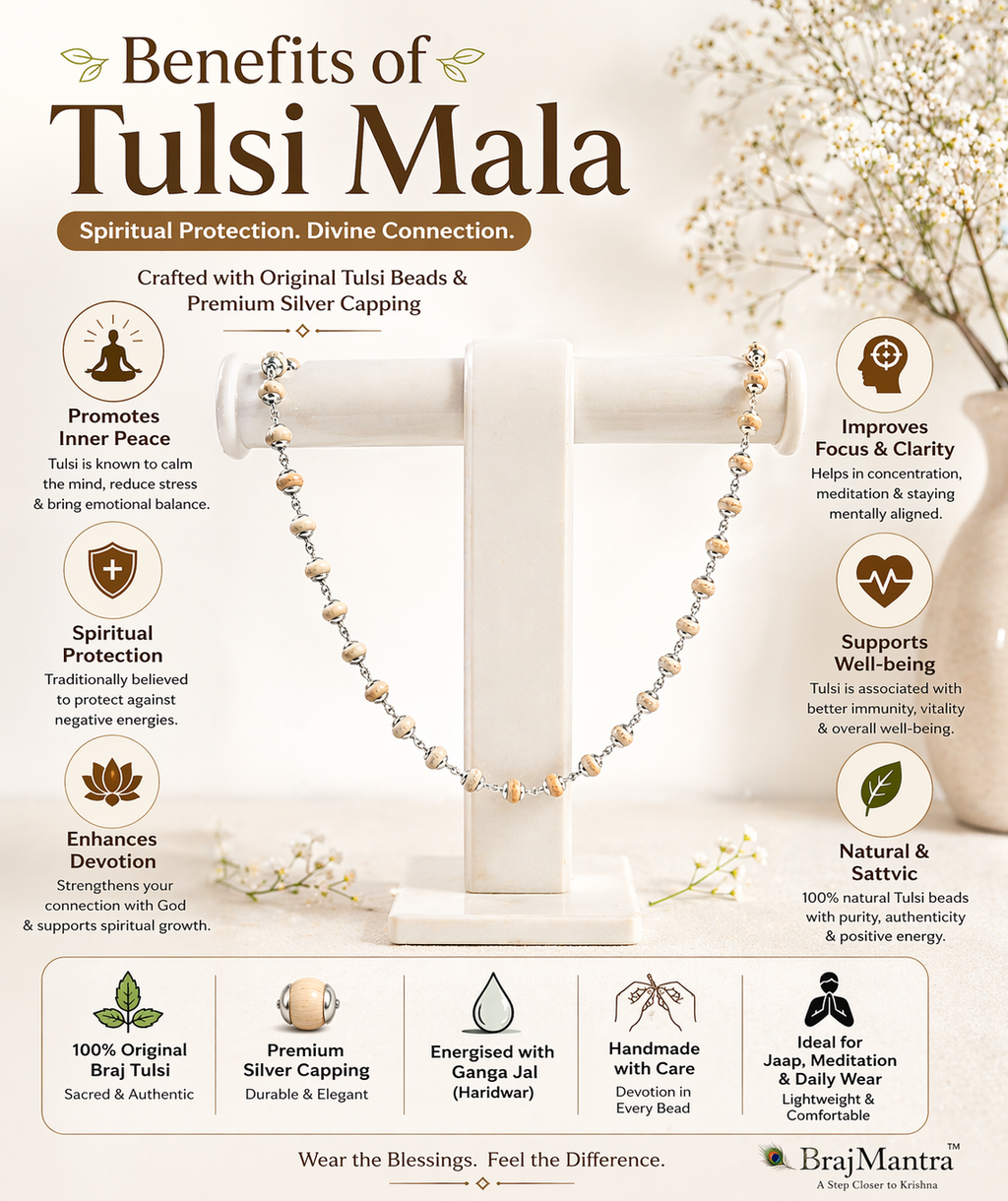 BrajMantra Original Tulsi Mala with Silver Capping | Pure Vrindavan Tulsi Kanthi Mala | Handmade Tulsi Beads Necklace | Energised with Ganga Jal | Jaap, Meditation & Daily Wear for Men & Women