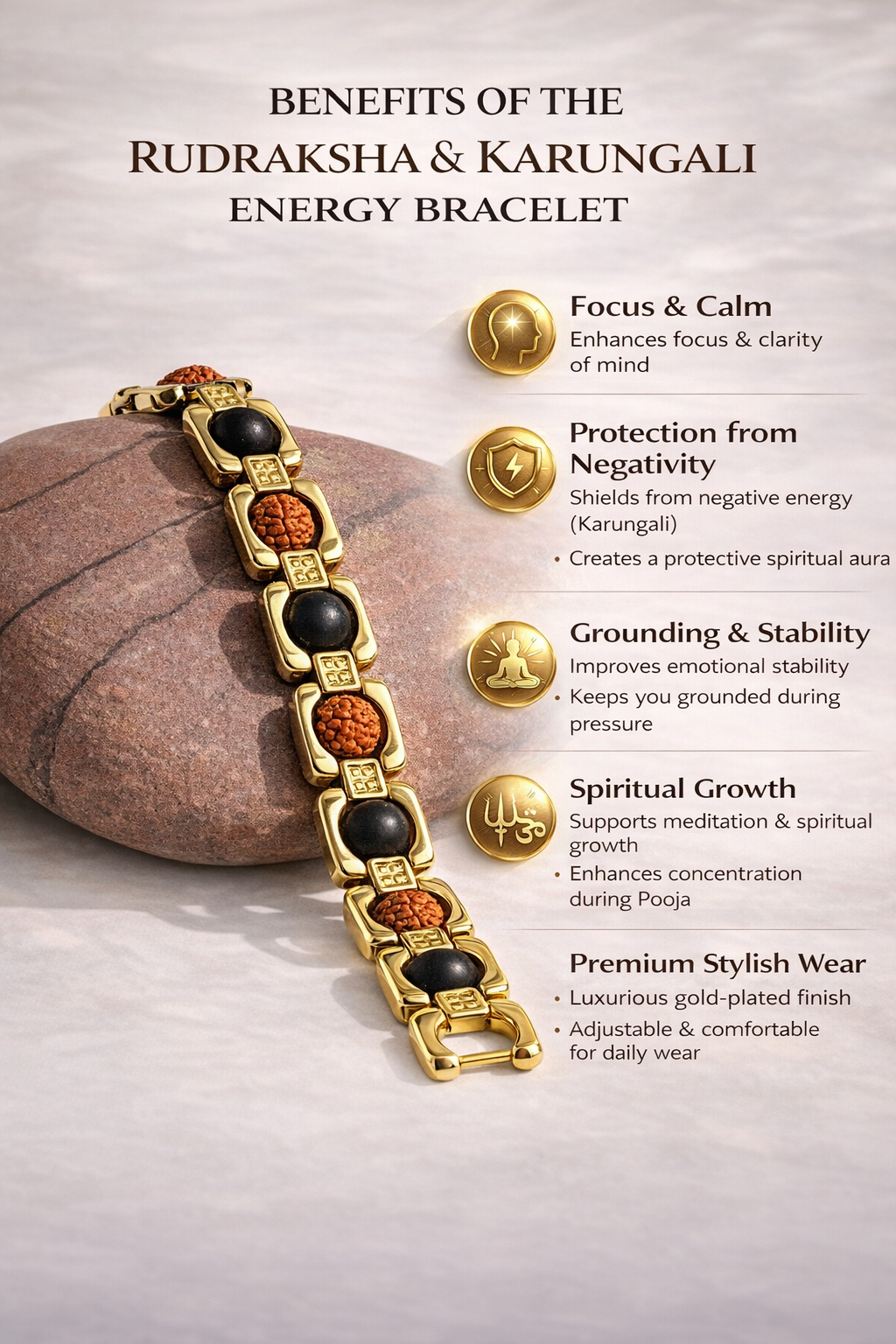 BrajMantra Rudraksha & Karungali Bracelet | 5 Mukhi Nepali Beads | Spiritual Protection, Focus & Energy Balance | Gold-Plated Adjustable Bracelet for Men & Women