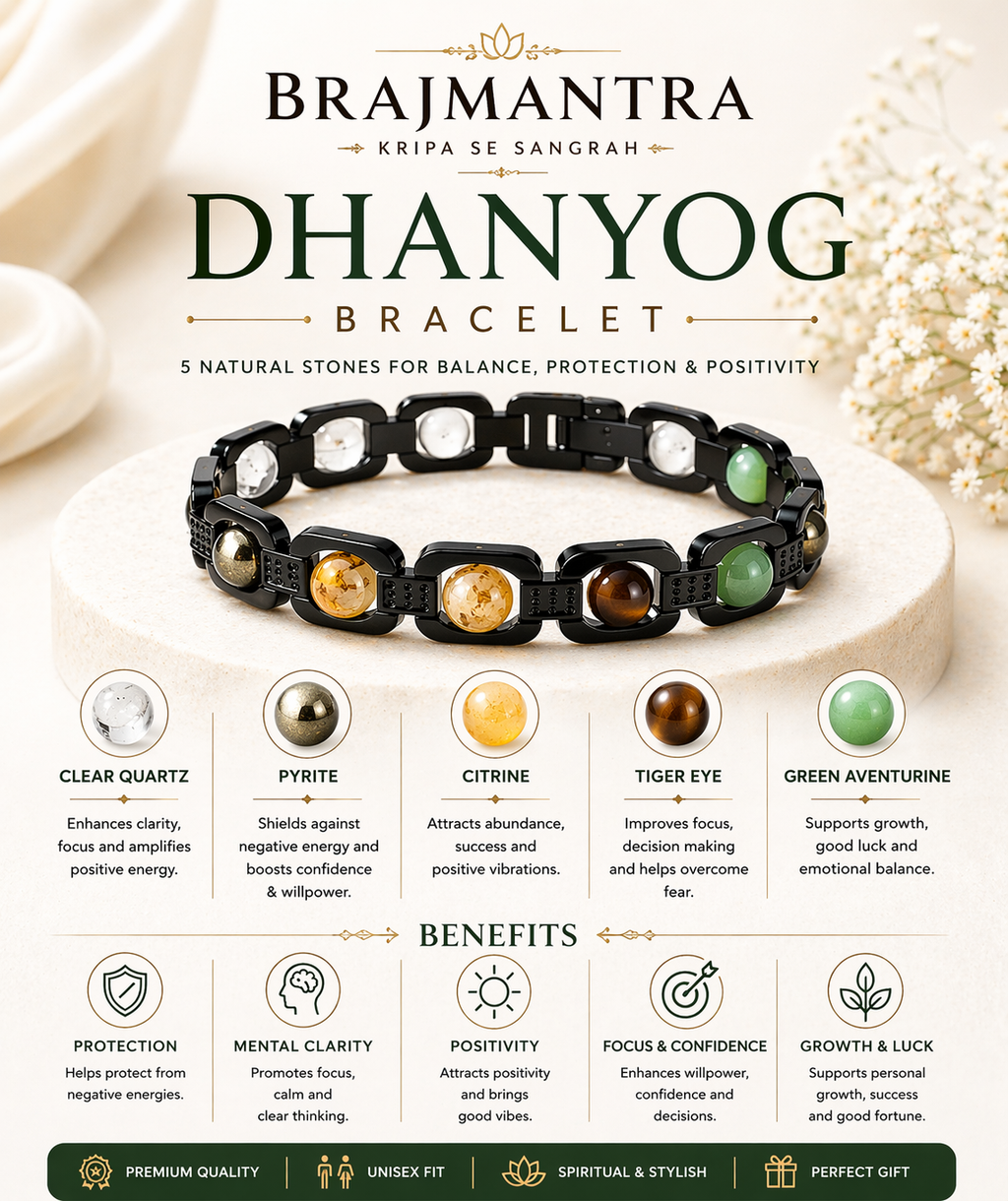 Brajmantra Dhanyog Bracelet – 5 Natural Stones (Clear Quartz, Pyrite, Citrine, Tiger Eye, Green Aventurine) for Energy Balance, Focus & Protection | Unisex | 20 cm