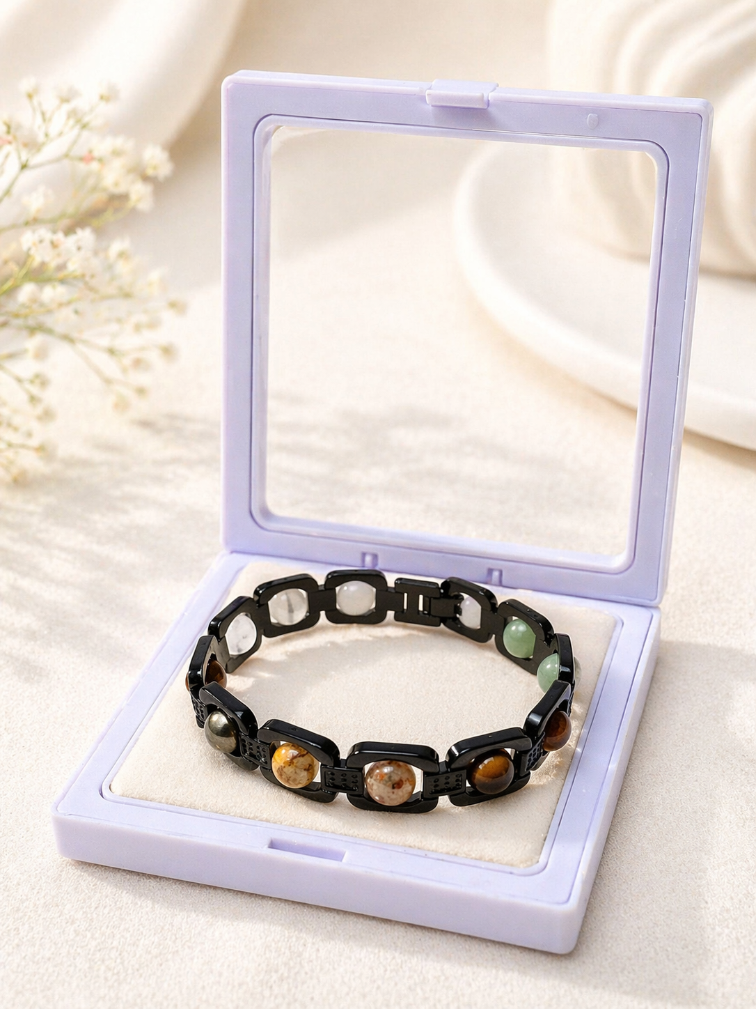 Brajmantra Dhanyog Bracelet – 5 Natural Stones (Clear Quartz, Pyrite, Citrine, Tiger Eye, Green Aventurine) for Energy Balance, Focus & Protection | Unisex | 20 cm
