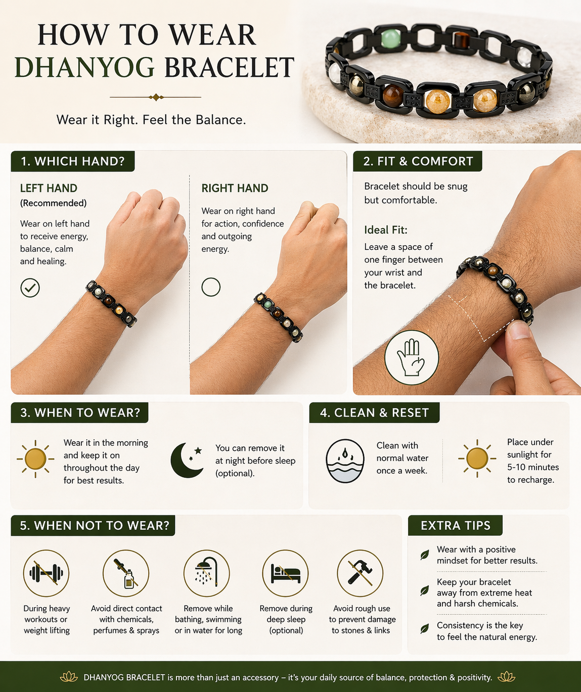 Brajmantra Dhanyog Bracelet – 5 Natural Stones (Clear Quartz, Pyrite, Citrine, Tiger Eye, Green Aventurine) for Energy Balance, Focus & Protection | Unisex | 20 cm
