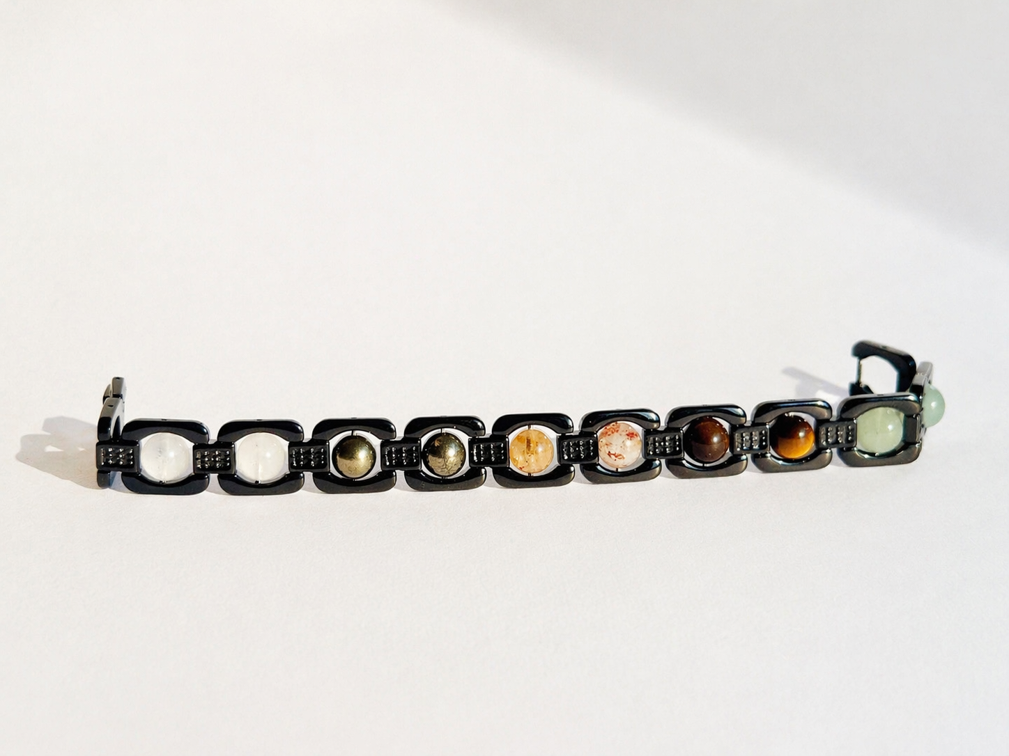 Brajmantra Dhanyog Bracelet – 5 Natural Stones (Clear Quartz, Pyrite, Citrine, Tiger Eye, Green Aventurine) for Energy Balance, Focus & Protection | Unisex | 20 cm