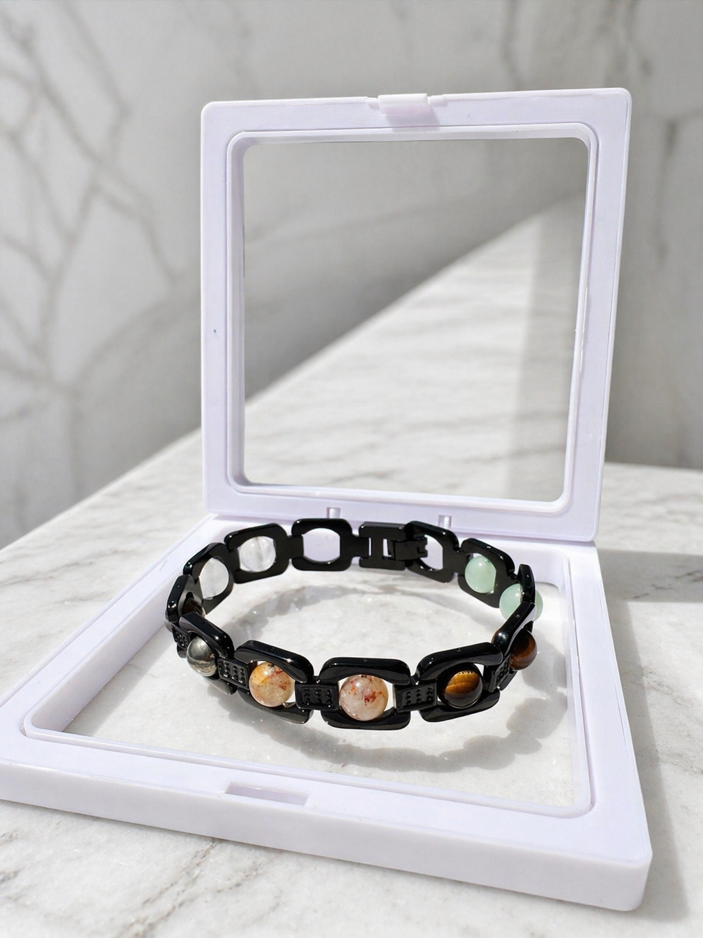Brajmantra Dhanyog Bracelet – 5 Natural Stones (Clear Quartz, Pyrite, Citrine, Tiger Eye, Green Aventurine) for Energy Balance, Focus & Protection | Unisex | 20 cm