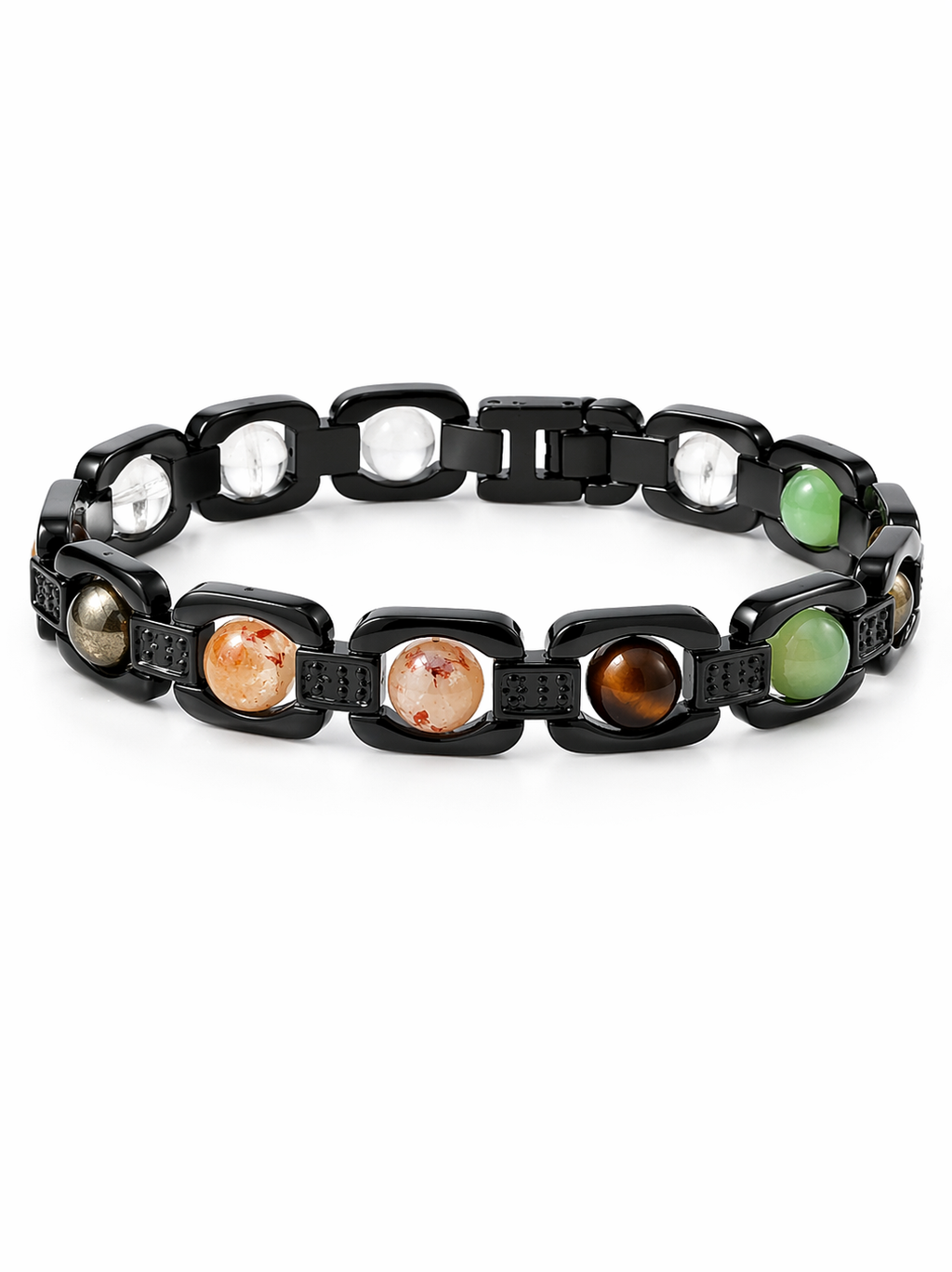 Brajmantra Dhanyog Bracelet – 5 Natural Stones (Clear Quartz, Pyrite, Citrine, Tiger Eye, Green Aventurine) for Energy Balance, Focus & Protection | Unisex | 20 cm