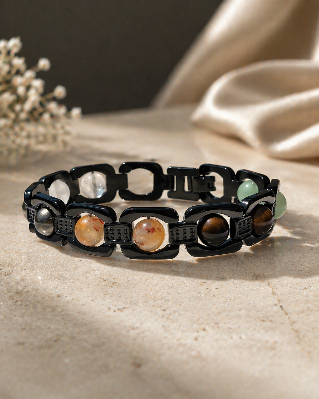 Brajmantra Dhanyog Bracelet – 5 Natural Stones (Clear Quartz, Pyrite, Citrine, Tiger Eye, Green Aventurine) for Energy Balance, Focus & Protection | Unisex | 20 cm