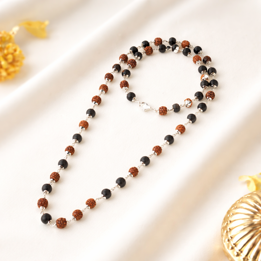 Braj Mantra Rudraksha Mala | Karungali Mala Necklace | 54 Beads Spiritual Japa Mala | Original Rudraksha & Ebony Beads | Unisex