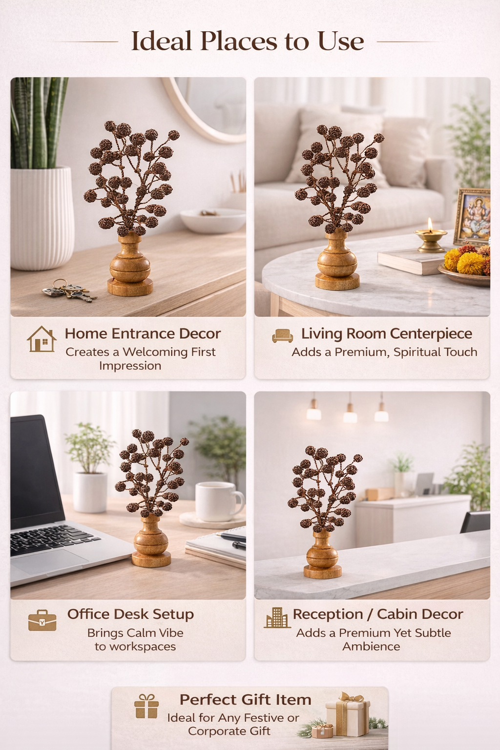 Brajmantra 54 Beads Rudraksha Tree Showpiece with Wooden Base | Premium Handmade Vastu Spiritual Decor for Home, Office Desk & Gift
