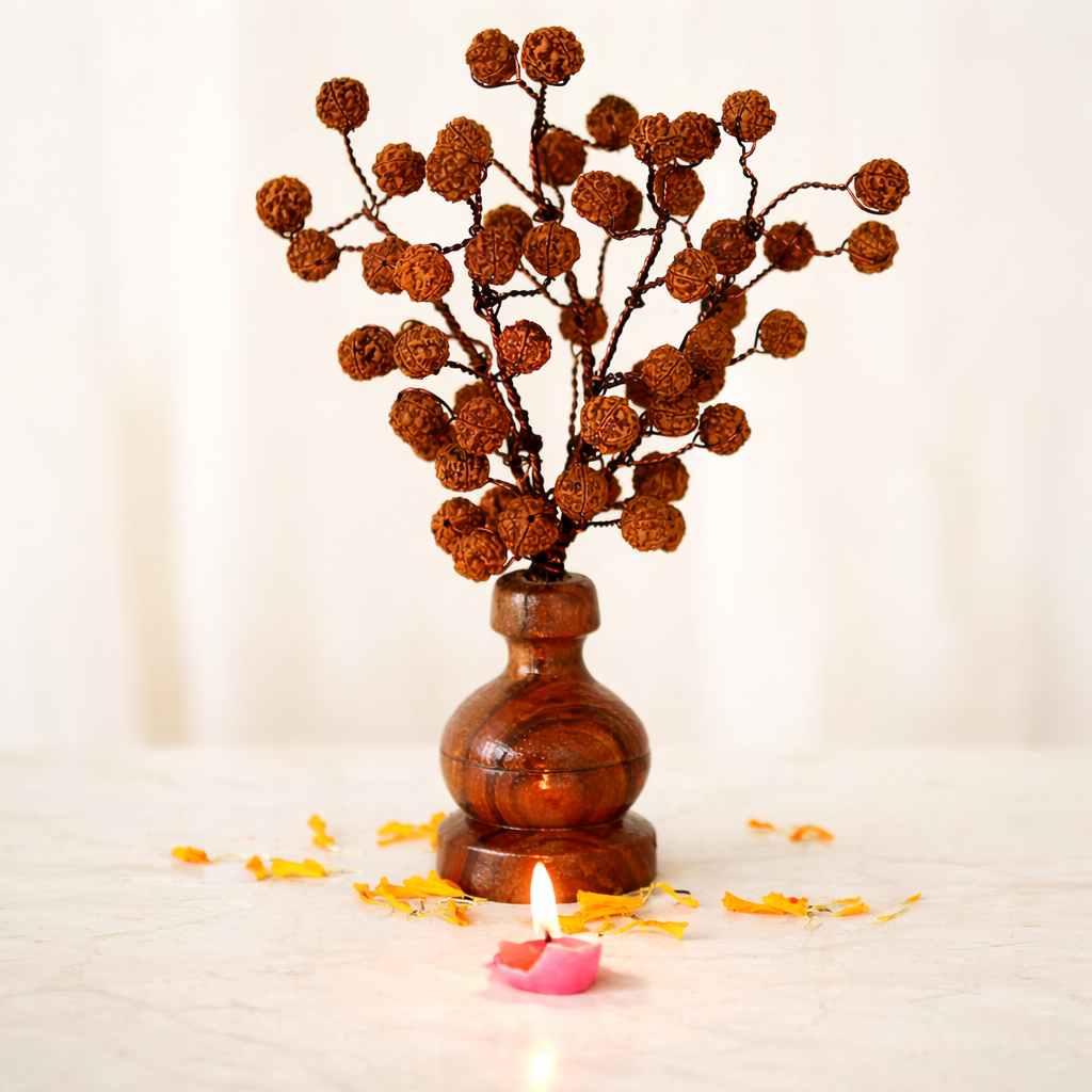 Brajmantra 54 Beads Rudraksha Tree Showpiece with Wooden Base | Premium Handmade Vastu Spiritual Decor for Home, Office Desk & Gift
