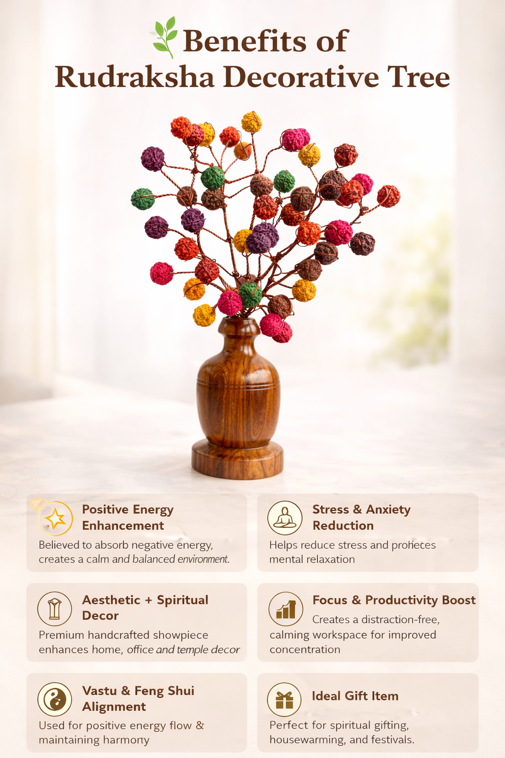 BrajMantra 5 Mukhi 54 Rudraksha Tree Showpiece, Multicolor Beads, Wooden Base, Vastu Feng Shui Decor for Home & Office