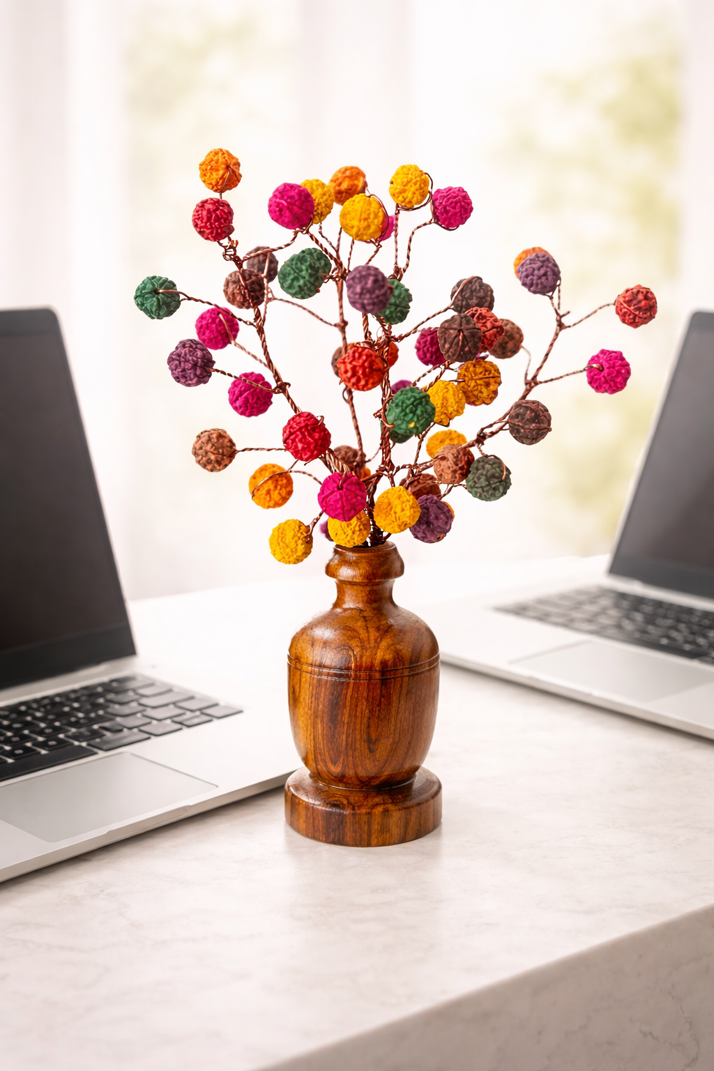 BrajMantra 5 Mukhi 54 Rudraksha Tree Showpiece, Multicolor Beads, Wooden Base, Vastu Feng Shui Decor for Home & Office