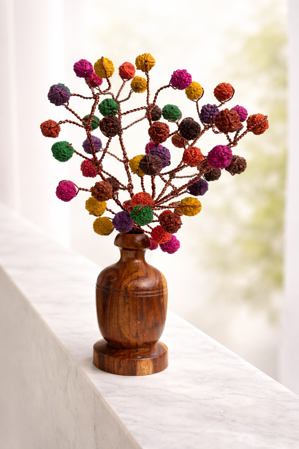 BrajMantra 5 Mukhi 54 Rudraksha Tree Showpiece, Multicolor Beads, Wooden Base, Vastu Feng Shui Decor for Home & Office