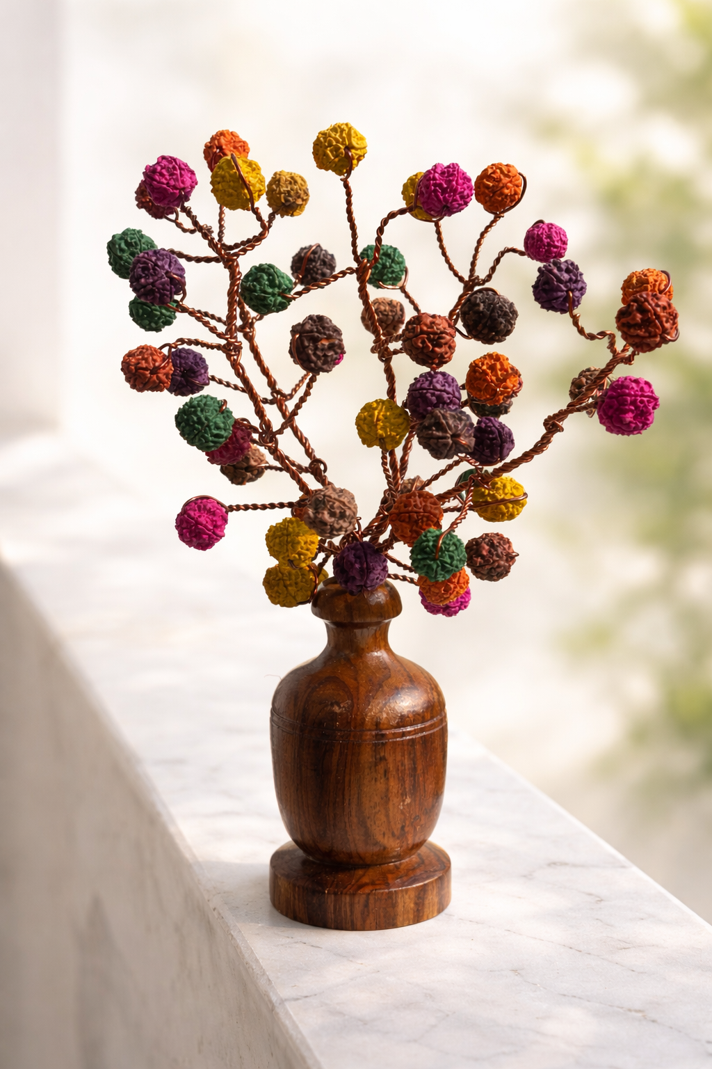 BrajMantra 5 Mukhi 54 Rudraksha Tree Showpiece, Multicolor Beads, Wooden Base, Vastu Feng Shui Decor for Home & Office