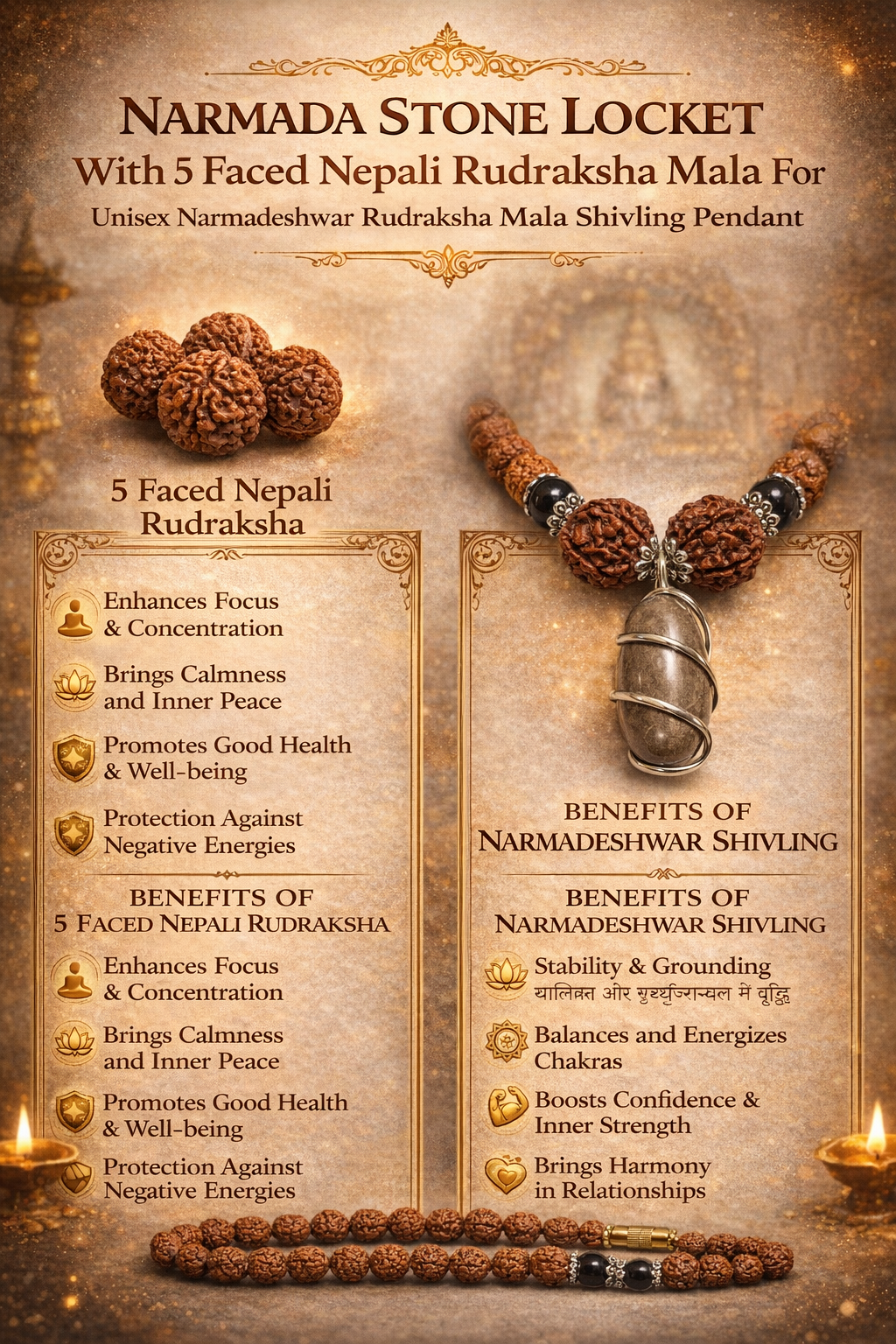 Buy original 5 Mukhi Rudraksha Mala with natural Narmadeshwar Shivling pendant. Perfect for meditation, peace, and daily wear. Authentic spiritual jewelry by Braj Mantra.