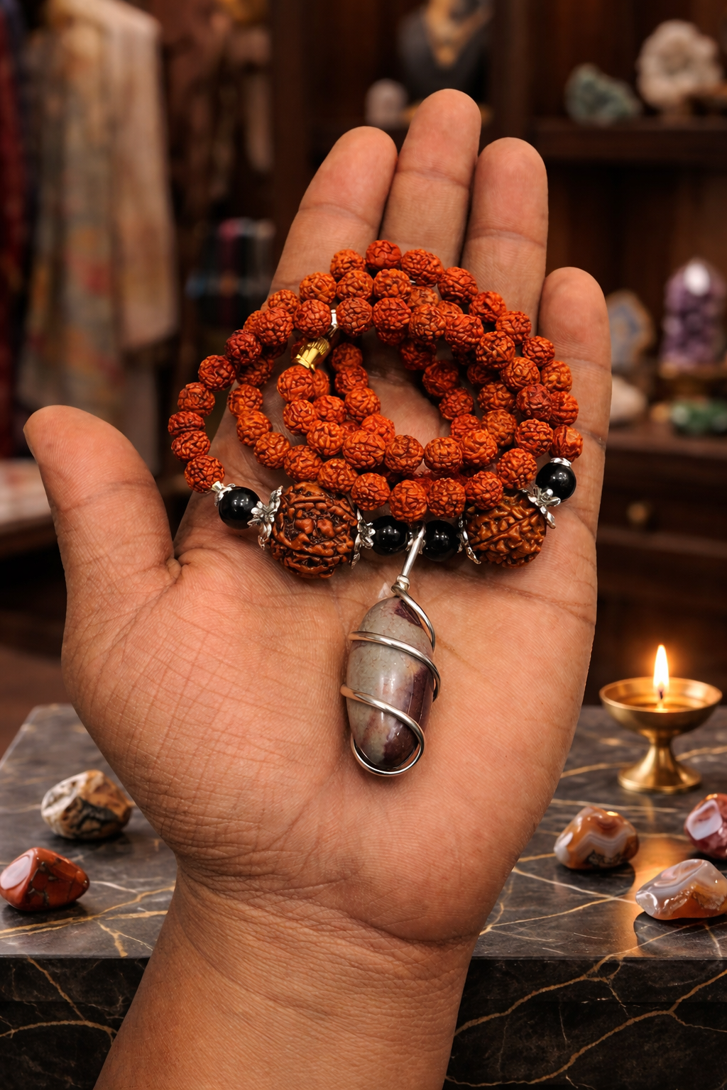 Buy original 5 Mukhi Rudraksha Mala with natural Narmadeshwar Shivling pendant. Perfect for meditation, peace, and daily wear. Authentic spiritual jewelry by Braj Mantra.