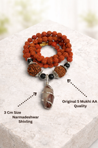 Buy original 5 Mukhi Rudraksha Mala with natural Narmadeshwar Shivling pendant. Perfect for meditation, peace, and daily wear. Authentic spiritual jewelry by Braj Mantra.