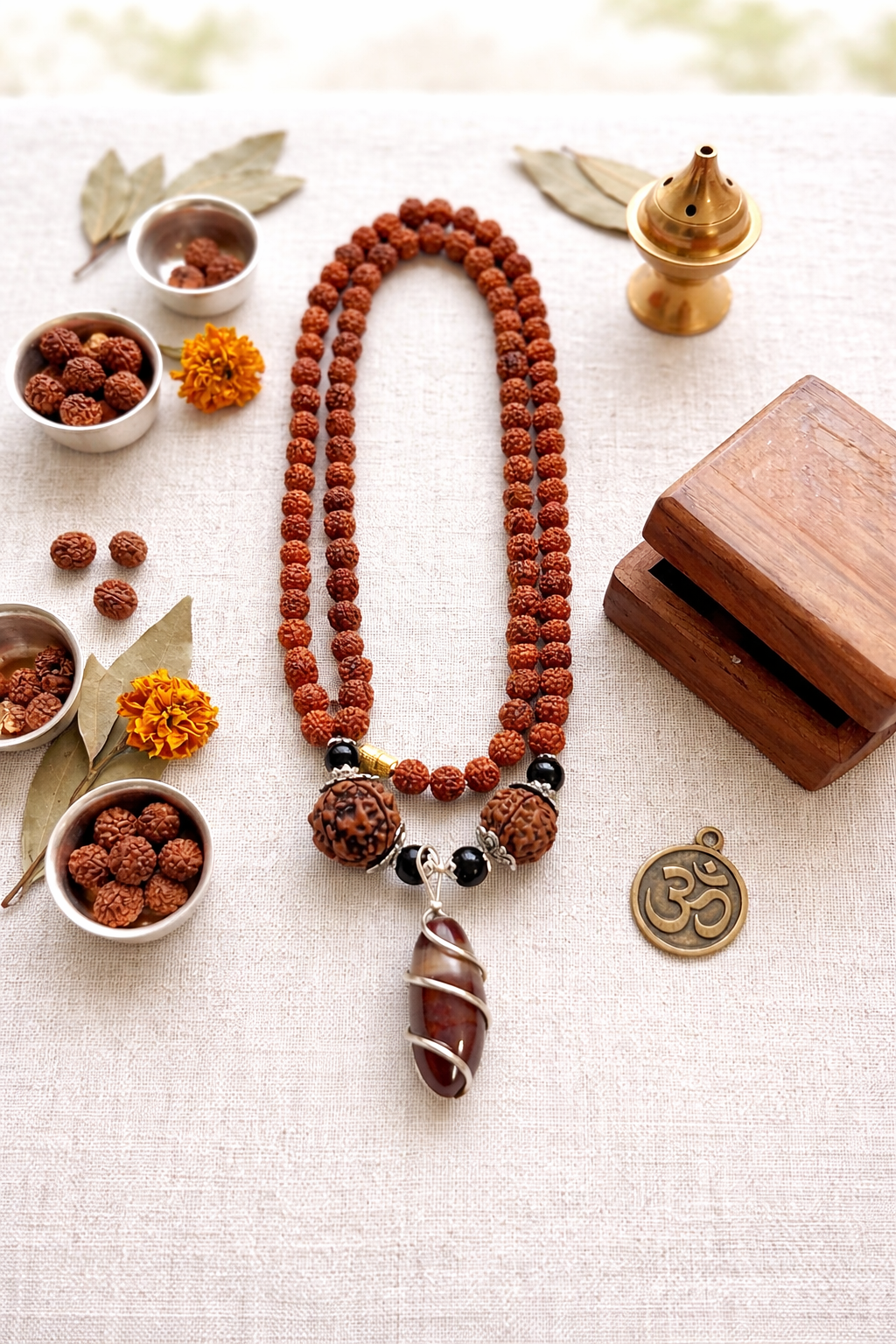Buy original 5 Mukhi Rudraksha Mala with natural Narmadeshwar Shivling pendant. Perfect for meditation, peace, and daily wear. Authentic spiritual jewelry by Braj Mantra.