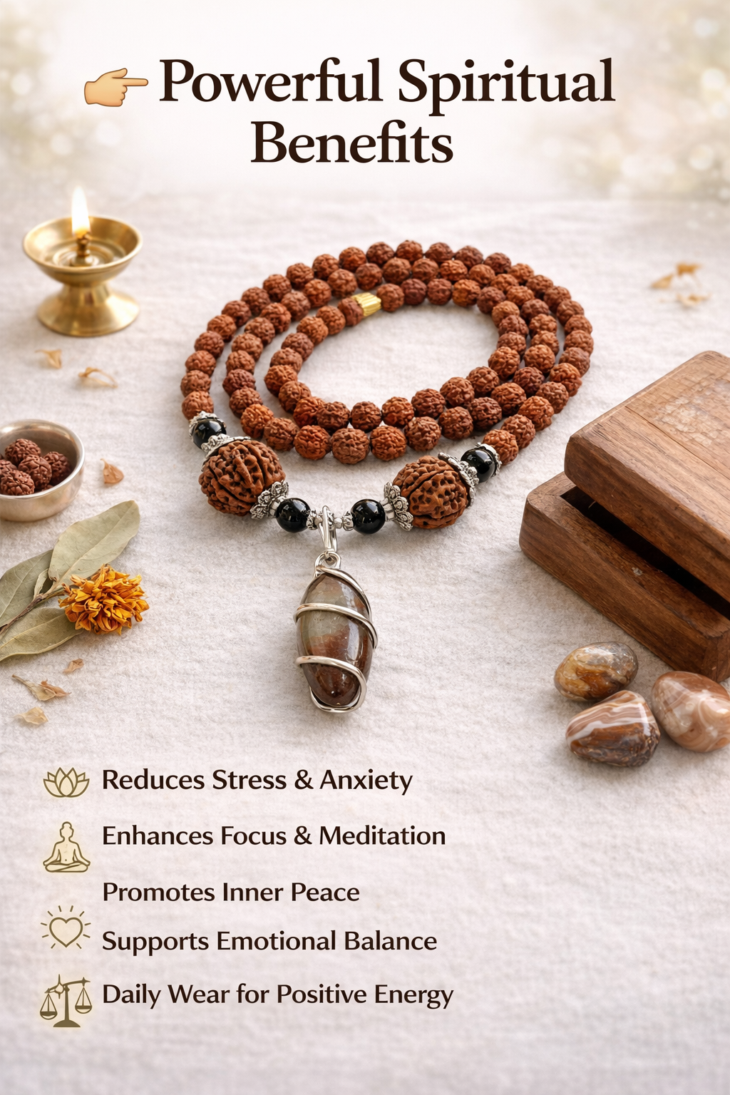 Buy original 5 Mukhi Rudraksha Mala with natural Narmadeshwar Shivling pendant. Perfect for meditation, peace, and daily wear. Authentic spiritual jewelry by Braj Mantra.