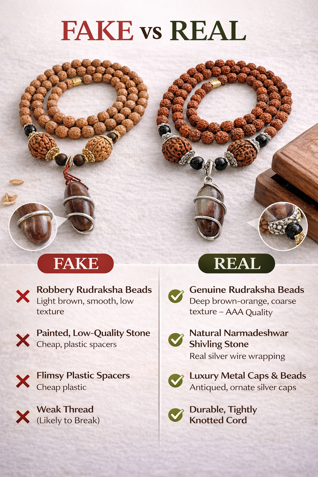 Buy original 5 Mukhi Rudraksha Mala with natural Narmadeshwar Shivling pendant. Perfect for meditation, peace, and daily wear. Authentic spiritual jewelry by Braj Mantra.