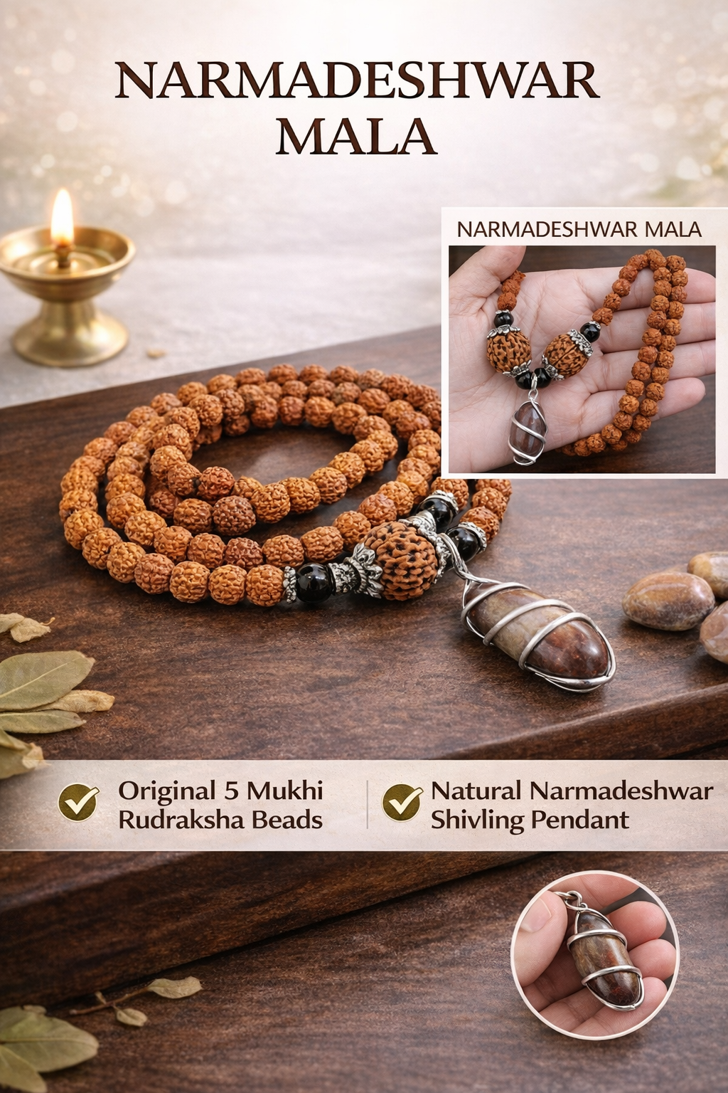 Buy original 5 Mukhi Rudraksha Mala with natural Narmadeshwar Shivling pendant. Perfect for meditation, peace, and daily wear. Authentic spiritual jewelry by Braj Mantra.