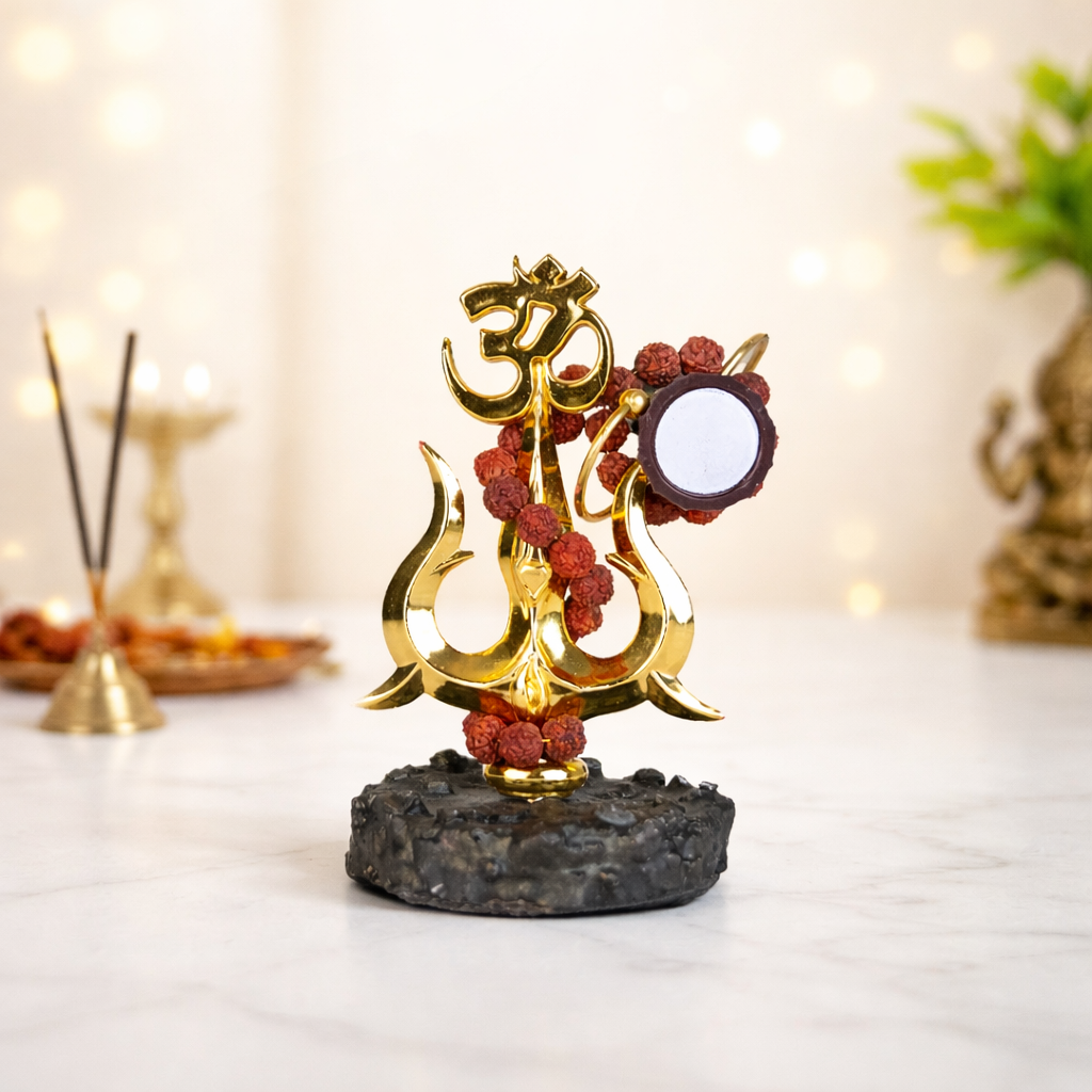 Golden Om Trishul with Damru Idol – Premium Rudraksha Shiv Statue for Home Mandir, Car Dashboard & Spiritual Decor | Vastu Positive Energy Gift