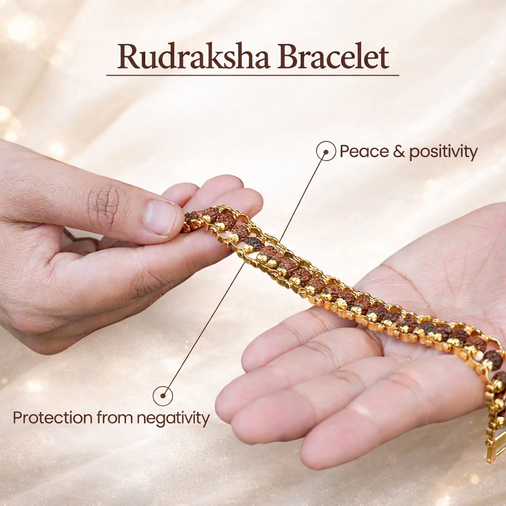 Brajmantra 5 Mukhi Rudraksha Bracelet for Men & Women | Gold Plated Spiritual Bracelet | Natural Original Beads | Stress Relief, Positive Energy & Protection