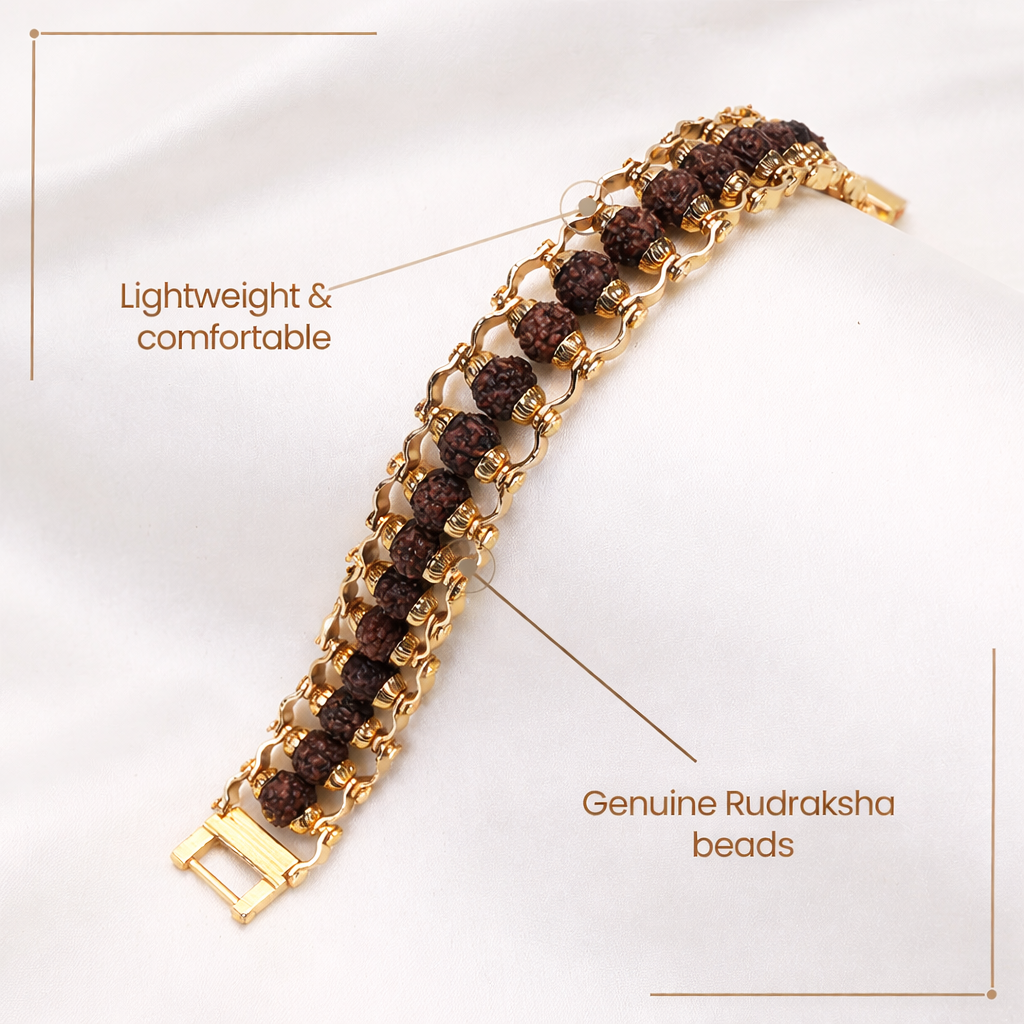 Brajmantra 5 Mukhi Rudraksha Bracelet for Men & Women | Gold Plated Spiritual Bracelet | Natural Original Beads | Stress Relief, Positive Energy & Protection
