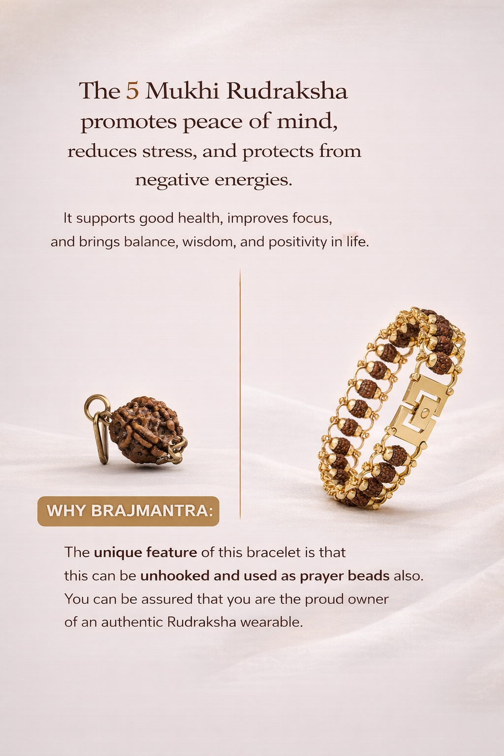 Brajmantra 5 Mukhi Rudraksha Bracelet for Men & Women | Gold Plated Spiritual Bracelet | Natural Original Beads | Stress Relief, Positive Energy & Protection