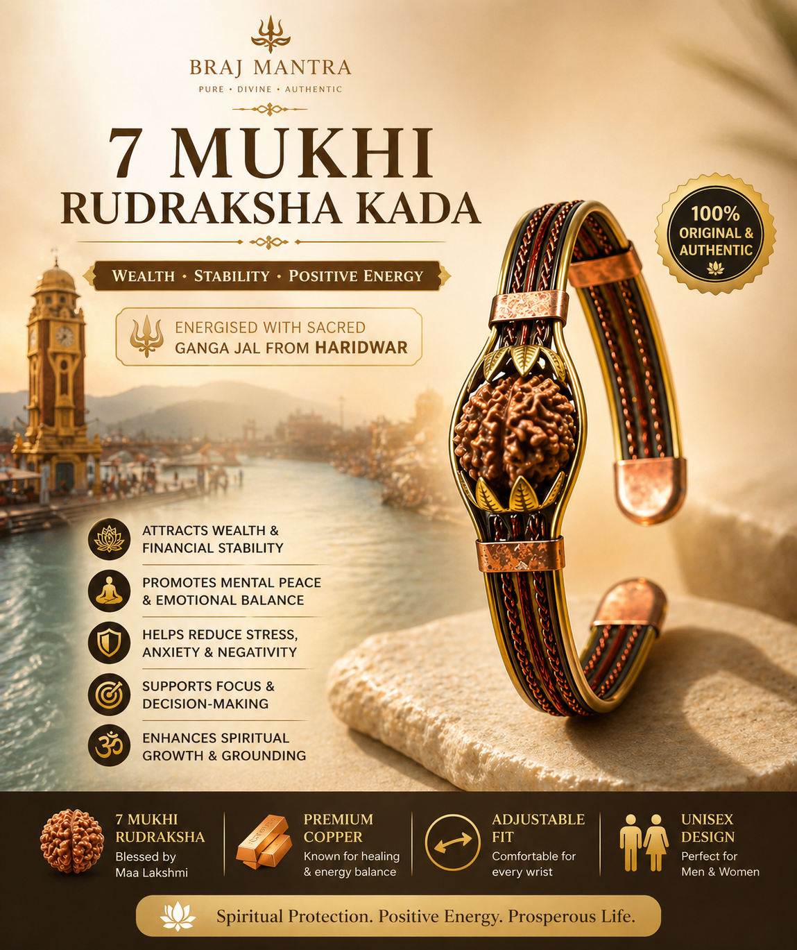 BrajMantra 7 Mukhi Rudraksha Copper Spiritual Kada for Men and Women