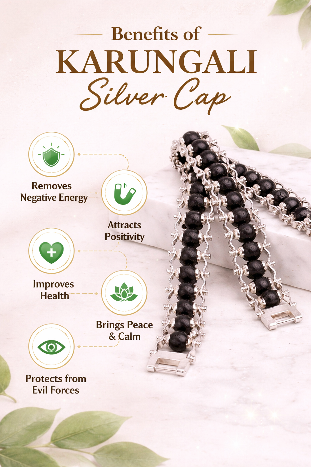 Karungali Silver Cap Bracelet for Men & Women | Original Ebony Wood Beads | Double Layer Premium Spiritual Bracelet for Protection, Positivity, Wealth & Energy Balance |