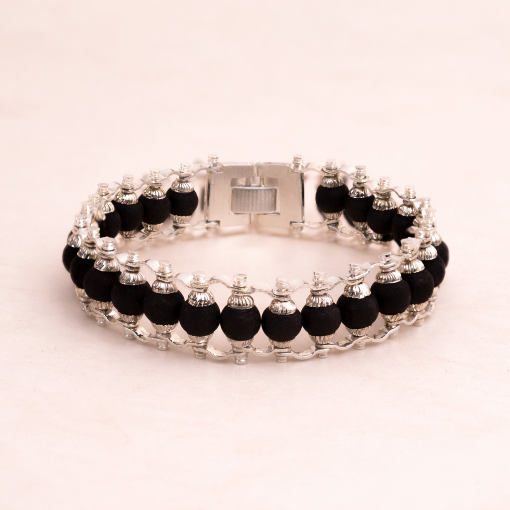 Karungali Silver Cap Bracelet for Men & Women | Original Ebony Wood Beads | Double Layer Premium Spiritual Bracelet for Protection, Positivity, Wealth & Energy Balance |