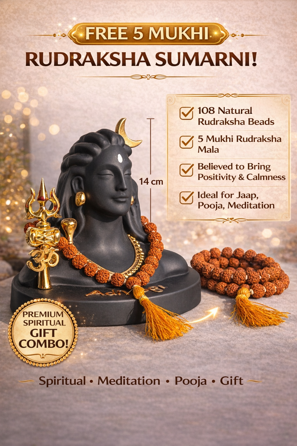 5 Mukhi Rudraksha Sumarni (Original & Certified) with Adiyogi Shiva Idol | Meditation, Peace, Protection & Positive Energy