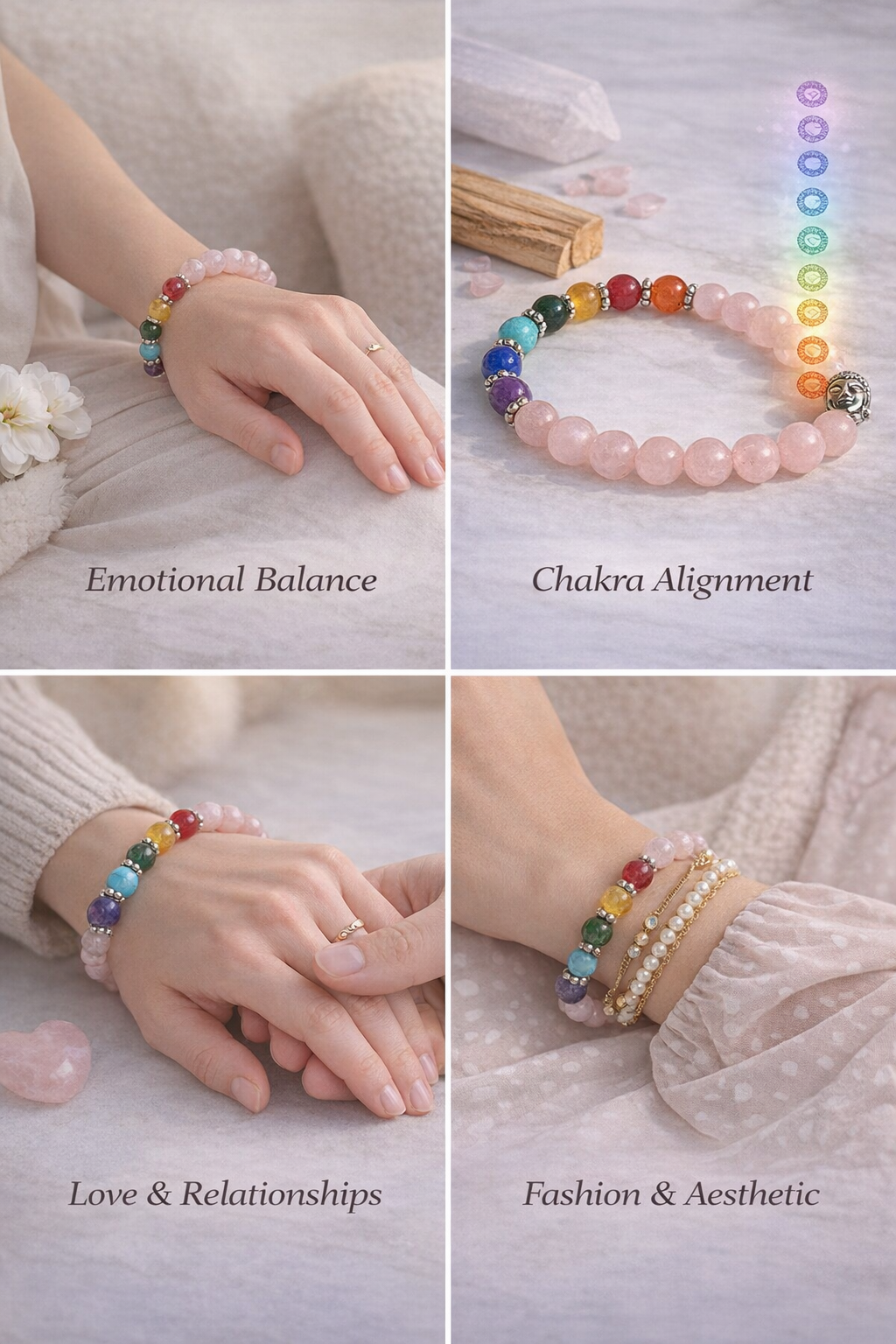Rose Quartz 7 Chakra Bracelet with Buddha Charm | Healing Crystal Beads for Love, Positivity & Emotional Balance | Stretch Bracelet for Men & Women