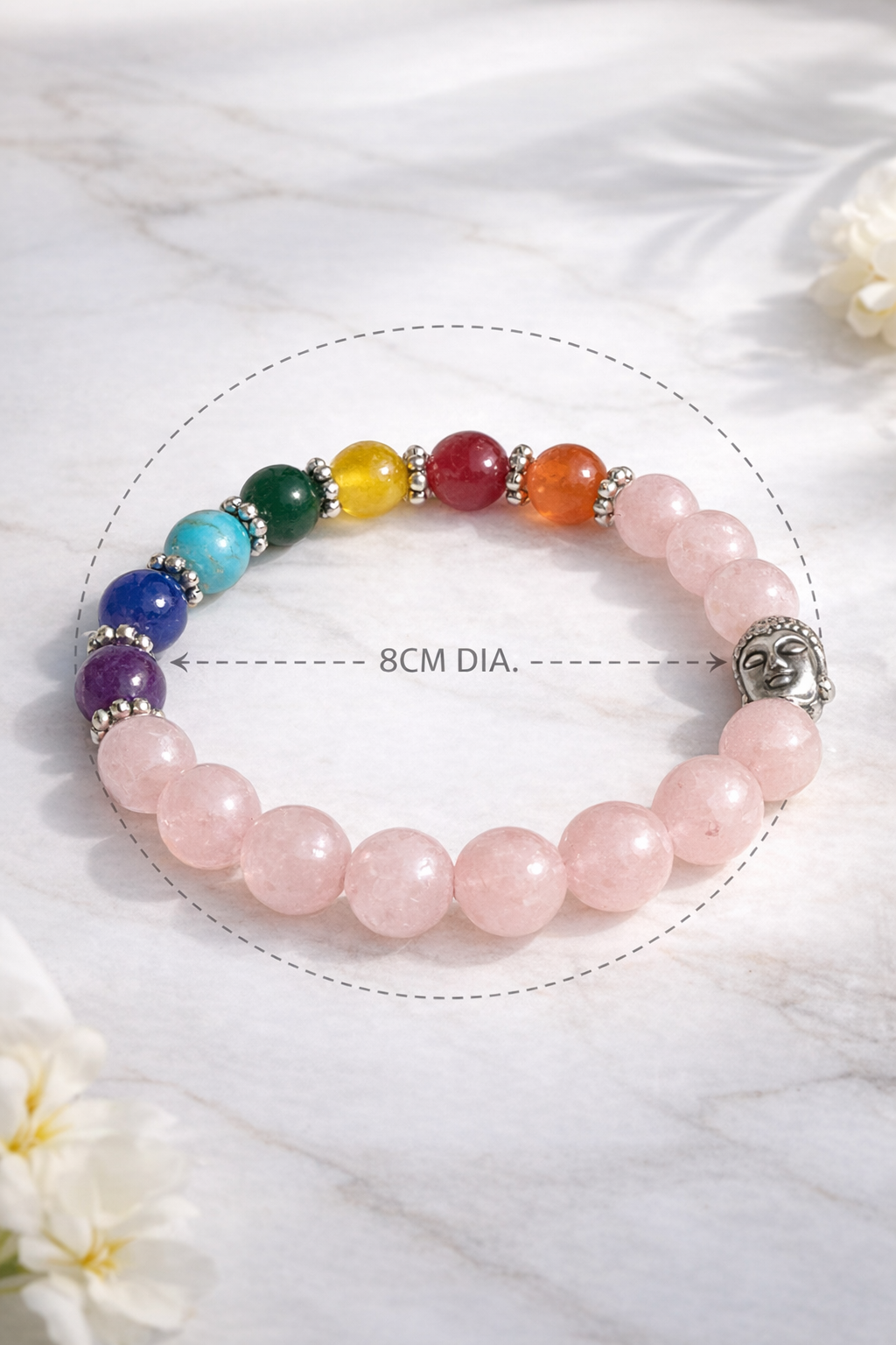 Rose Quartz 7 Chakra Bracelet with Buddha Charm | Healing Crystal Beads for Love, Positivity & Emotional Balance | Stretch Bracelet for Men & Women