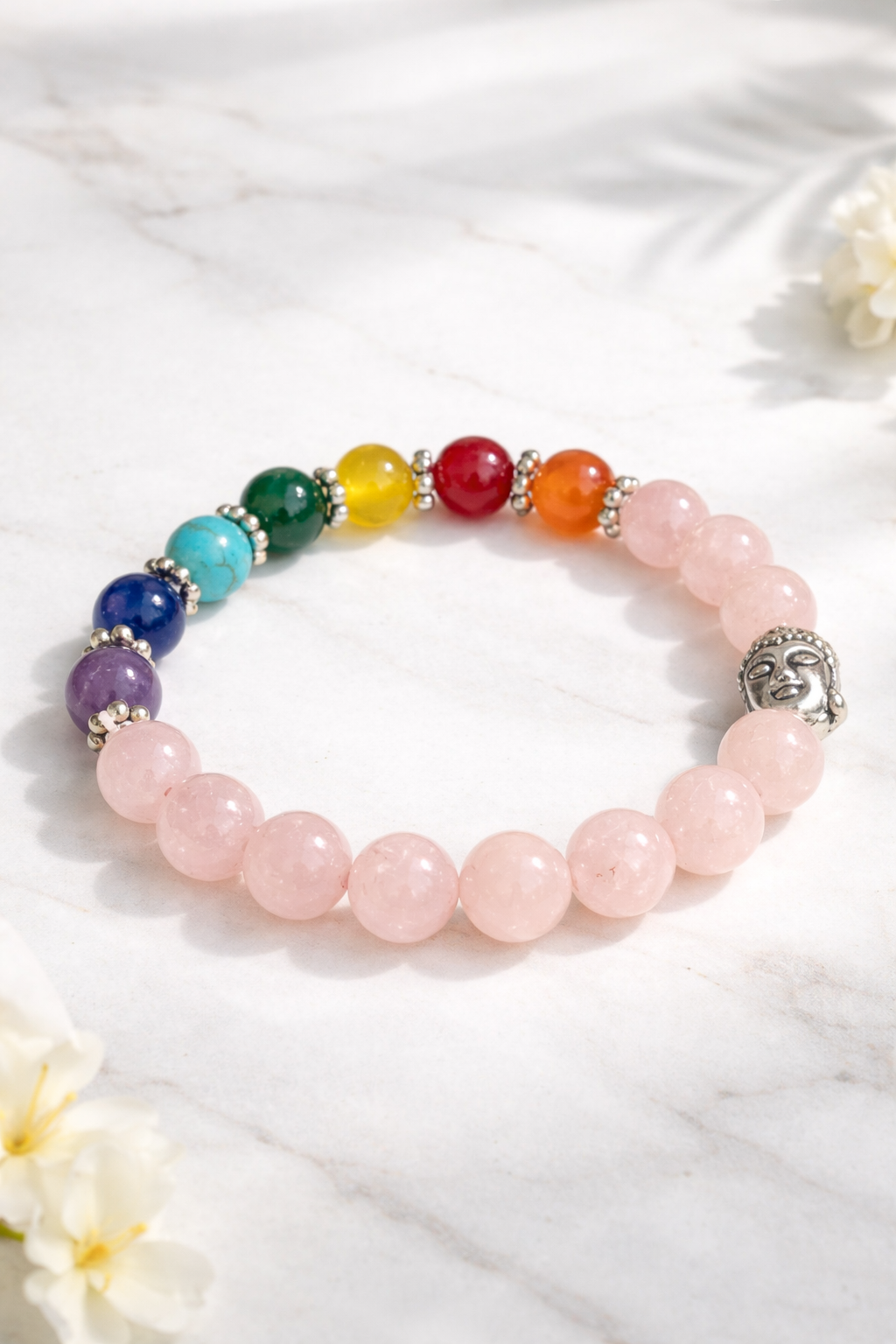 Rose Quartz 7 Chakra Bracelet with Buddha Charm | Healing Crystal Beads for Love, Positivity & Emotional Balance | Stretch Bracelet for Men & Women