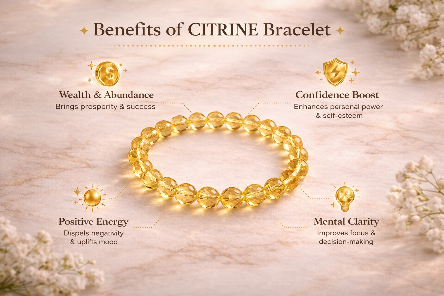 Natural Diamond Cut Citrine Bracelet for Wealth & Prosperity | Faceted Yellow Quartz Crystal Bead Bracelet for Men & Women | Healing Energy Jewelry