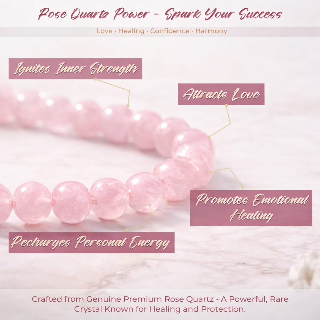 Rose Quartz Bracelet | Natural Crystal Healing Bracelet | Love Attraction, Positive Energy, Stress Relief Stone | 8mm Beaded Stretch Bracelet for Women Men