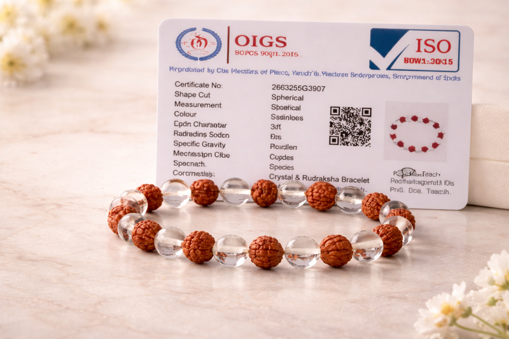 5 Mukhi Rudraksha Crystal Bracelet for Men & Women – Natural Clear Quartz Healing Bracelet | Stress Relief, Anxiety Control, Protection & Positive Energy | Spiritual Meditation Yoga Bracelet (Adjustable)