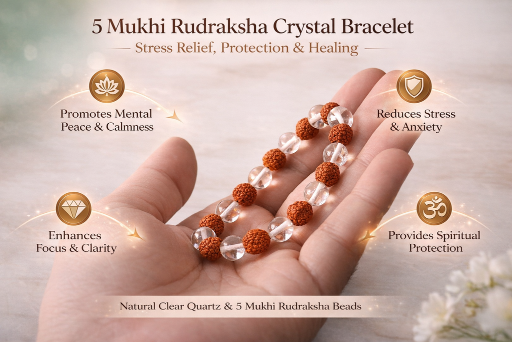 5 Mukhi Rudraksha Crystal Bracelet for Men & Women – Natural Clear Quartz Healing Bracelet | Stress Relief, Anxiety Control, Protection & Positive Energy | Spiritual Meditation Yoga Bracelet (Adjustable)