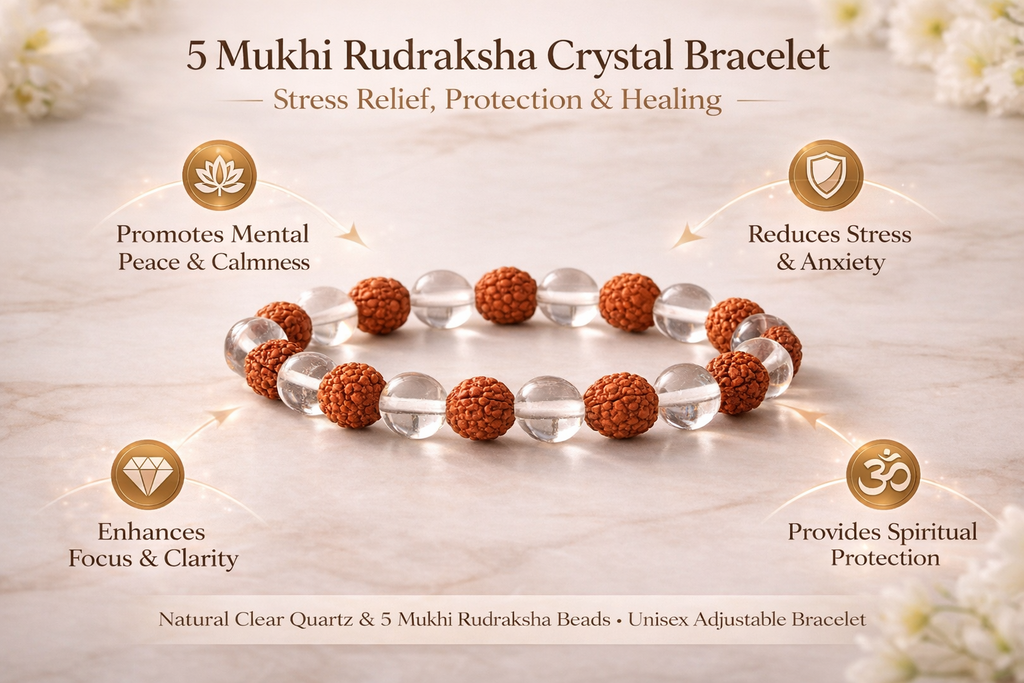 5 Mukhi Rudraksha Crystal Bracelet for Men & Women – Natural Clear Quartz Healing Bracelet | Stress Relief, Anxiety Control, Protection & Positive Energy | Spiritual Meditation Yoga Bracelet (Adjustable)