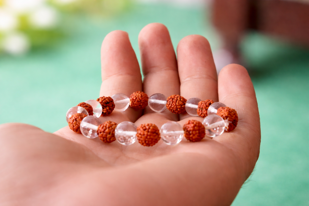5 Mukhi Rudraksha Crystal Bracelet for Men & Women – Natural Clear Quartz Healing Bracelet | Stress Relief, Anxiety Control, Protection & Positive Energy | Spiritual Meditation Yoga Bracelet (Adjustable)