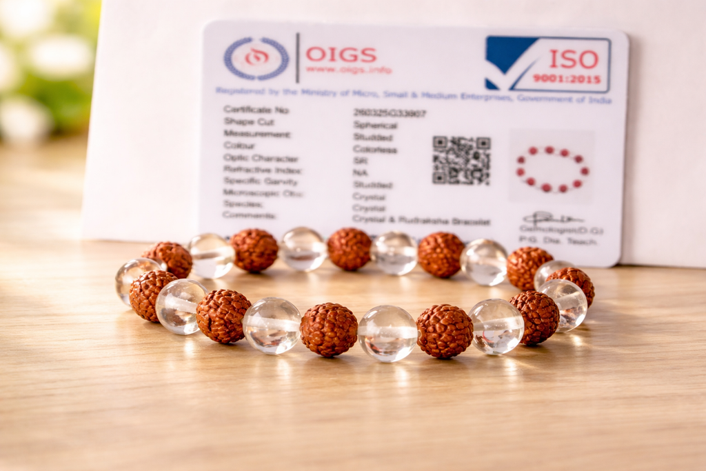 5 Mukhi Rudraksha Crystal Bracelet for Men & Women – Natural Clear Quartz Healing Bracelet | Stress Relief, Anxiety Control, Protection & Positive Energy | Spiritual Meditation Yoga Bracelet (Adjustable)