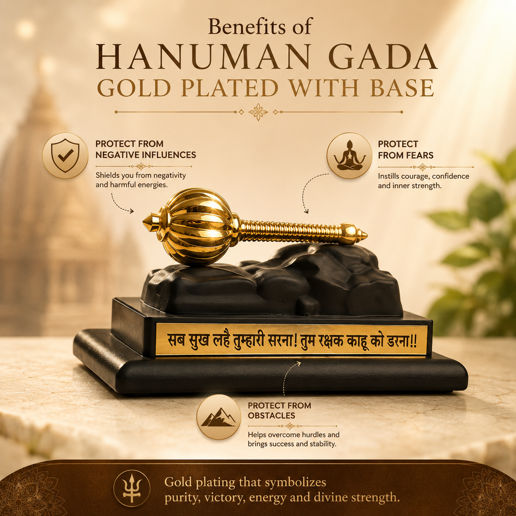 Hanuman Gada Gold Plated Showpiece with Sacred Base | Symbol of Protection, Courage & Divine Strength
