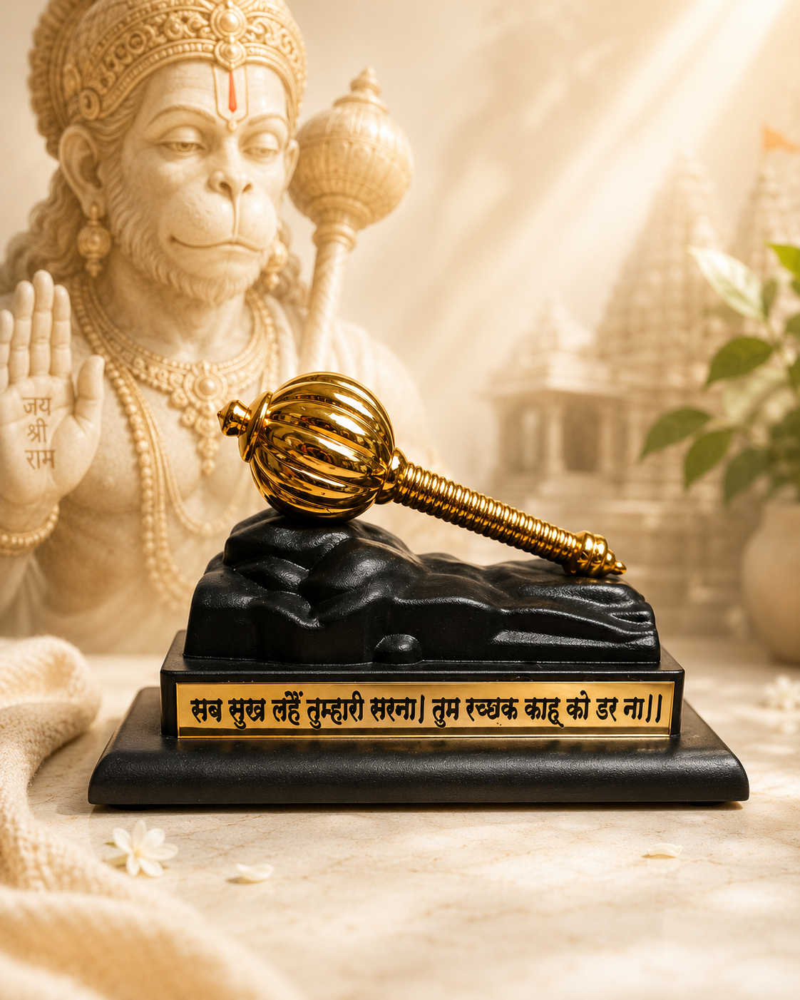 Hanuman Gada Gold Plated Showpiece with Sacred Base | Symbol of Protection, Courage & Divine Strength