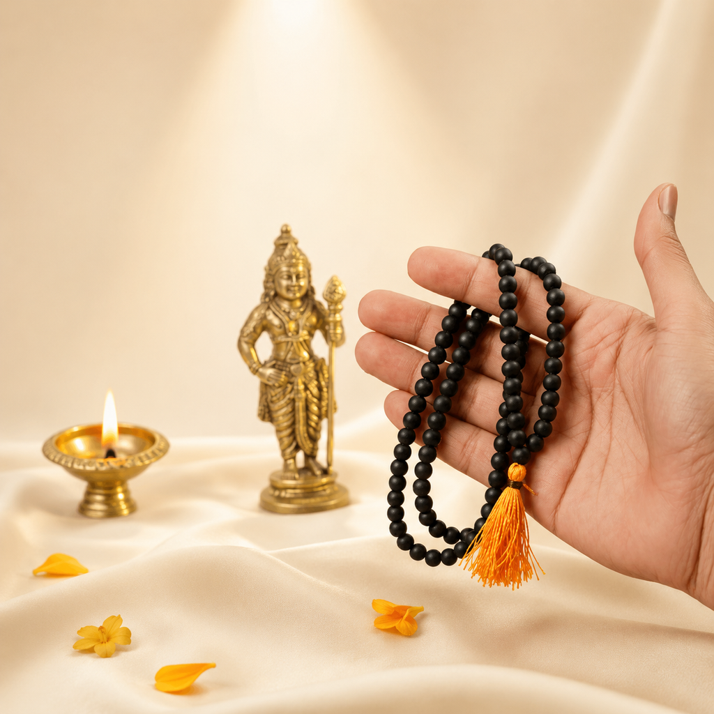 Original Karungali Mala 108+1 Beads | Energised with Haridwar Ganga Jal | Natural Ebony Wood Spiritual Mala for Meditation, Protection & Lord Murugan Blessings