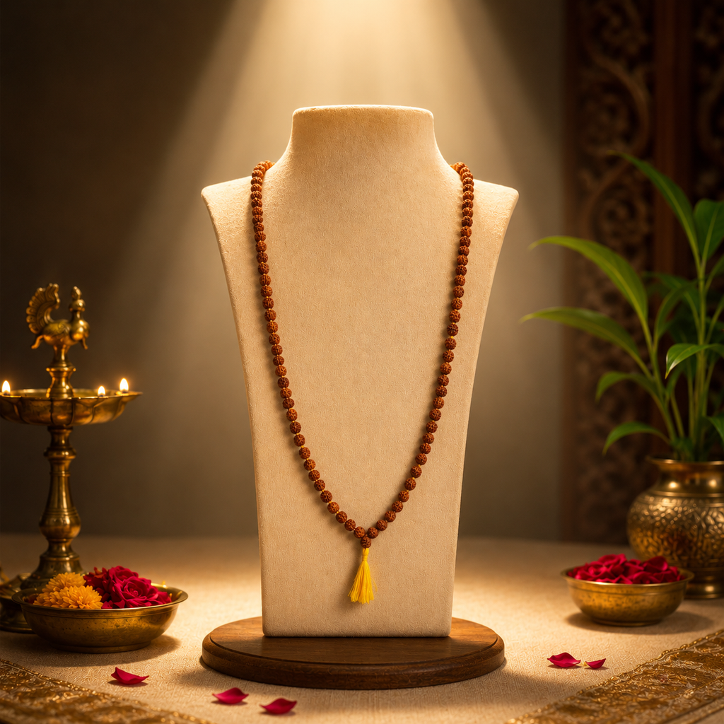 108 Beads Original Rudraksha Jaap Mala | Sacred Meditation & Spiritual Healing Necklace | Energized with Haridwar Ganga Jal