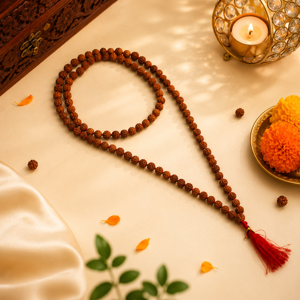 108 Beads Original Rudraksha Jaap Mala | Sacred Meditation & Spiritual Healing Necklace | Energized with Haridwar Ganga Jal