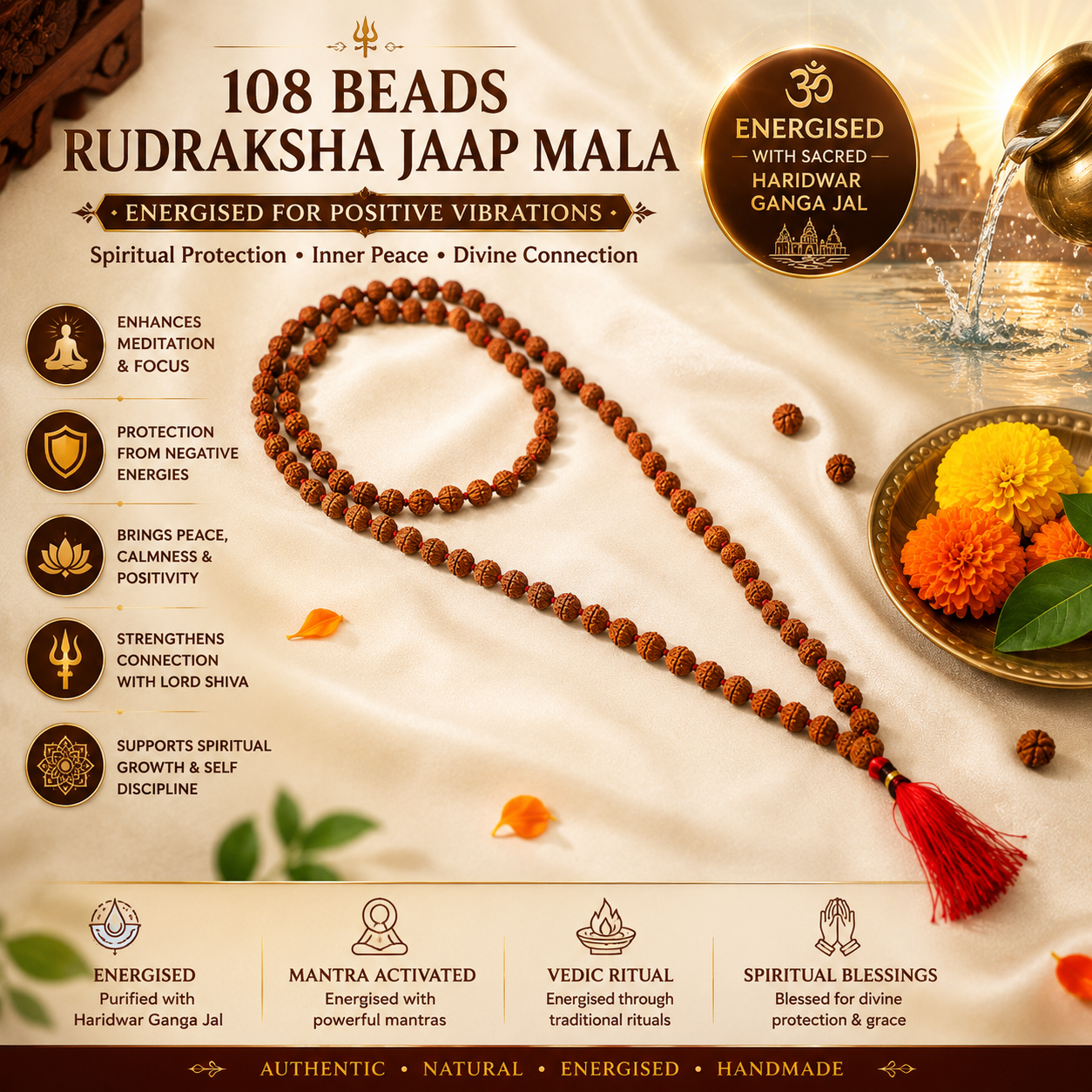 108 Beads Original Rudraksha Jaap Mala | Sacred Meditation & Spiritual Healing Necklace | Energized with Haridwar Ganga Jal