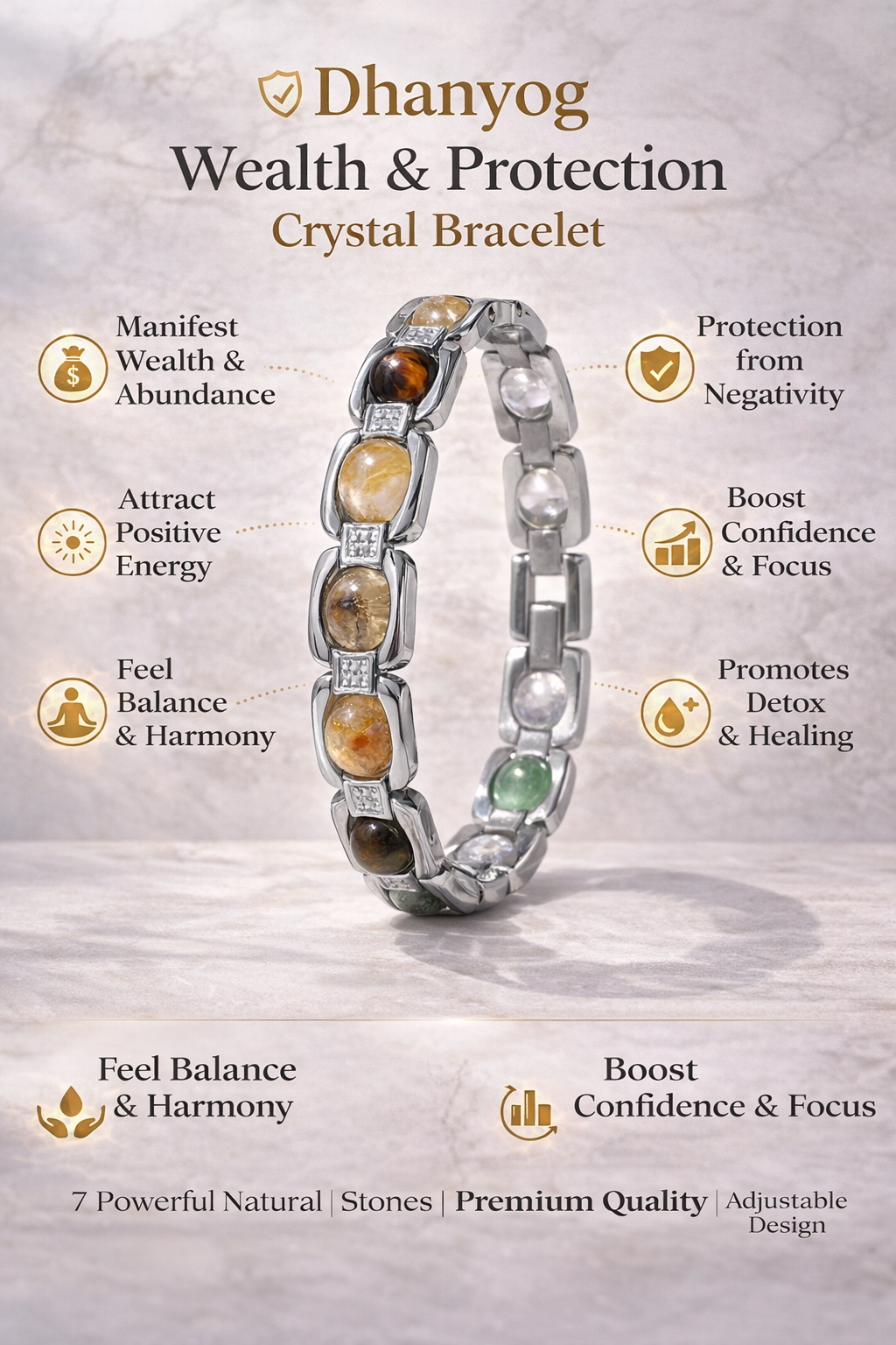Dhanyog Crystal Bracelet for Men & Women | Wealth, Protection, Healing Energy Bracelet | 7 Chakra Natural Stone Stainless Steel Jewelry